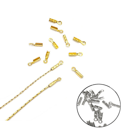 Crimp End Caps in Gold, Crimp Ends for 0.8mm Fine Chain, Cord End Caps, Fold Over End Caps in 18K Gold Plating and Stainless Steel (F001) - UniqueBeadsNY