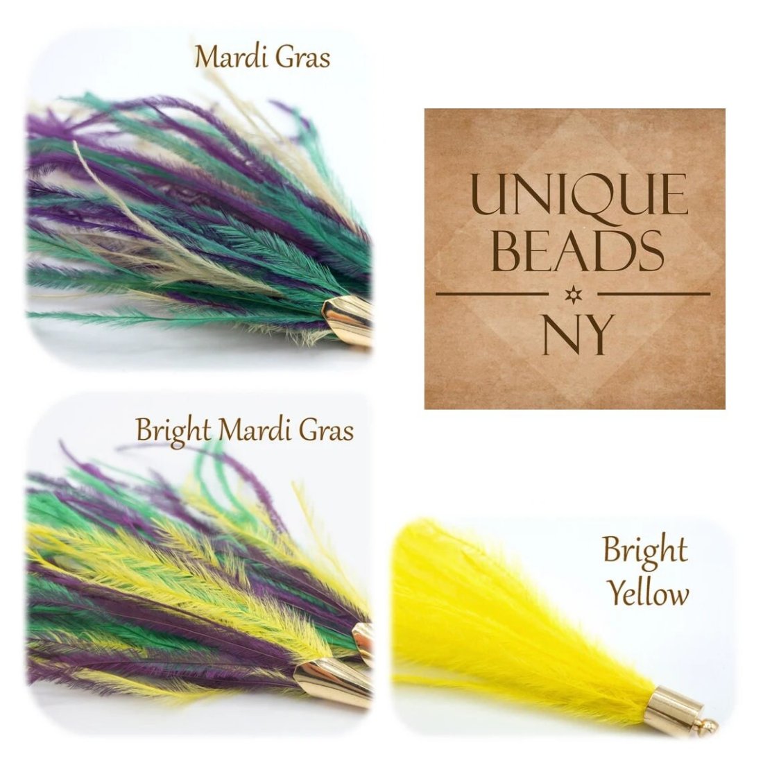 Ostrich Feather Jewelry Tassel Pendants in Bright MARDI GRAS with Gold Cone Cap for Jewelry Making and Crafts, 2 PCs(FOC001-BMG) - UniqueBeadsNY