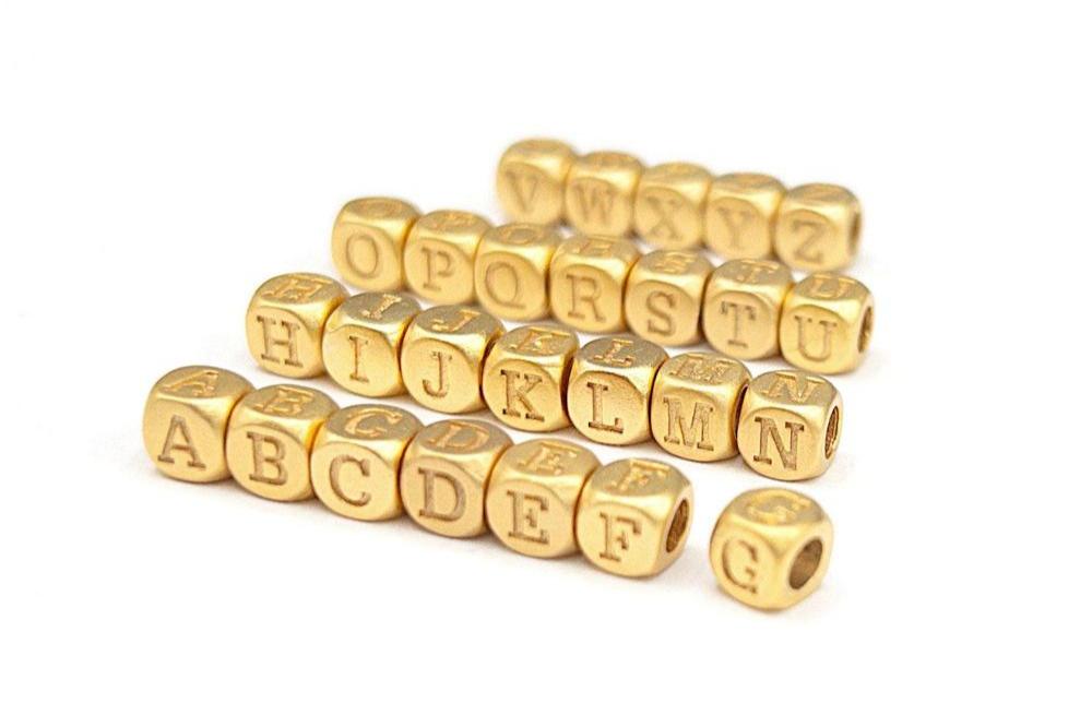 Alphabet Beads, 4.5mm Gold Letter Cube Beads, Tiny Initial Beads for Jewelry Making, Small Letter Charms, Matte Gold Plated (P010-G) - UniqueBeadsNY