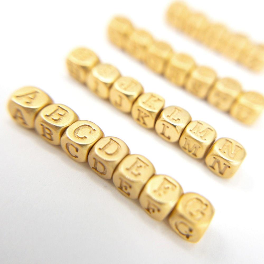 Alphabet Beads, 4.5mm Gold Letter Cube Beads, Tiny Initial Beads for Jewelry Making, Small Letter Charms, Matte Gold Plated (P010-G) - UniqueBeadsNY