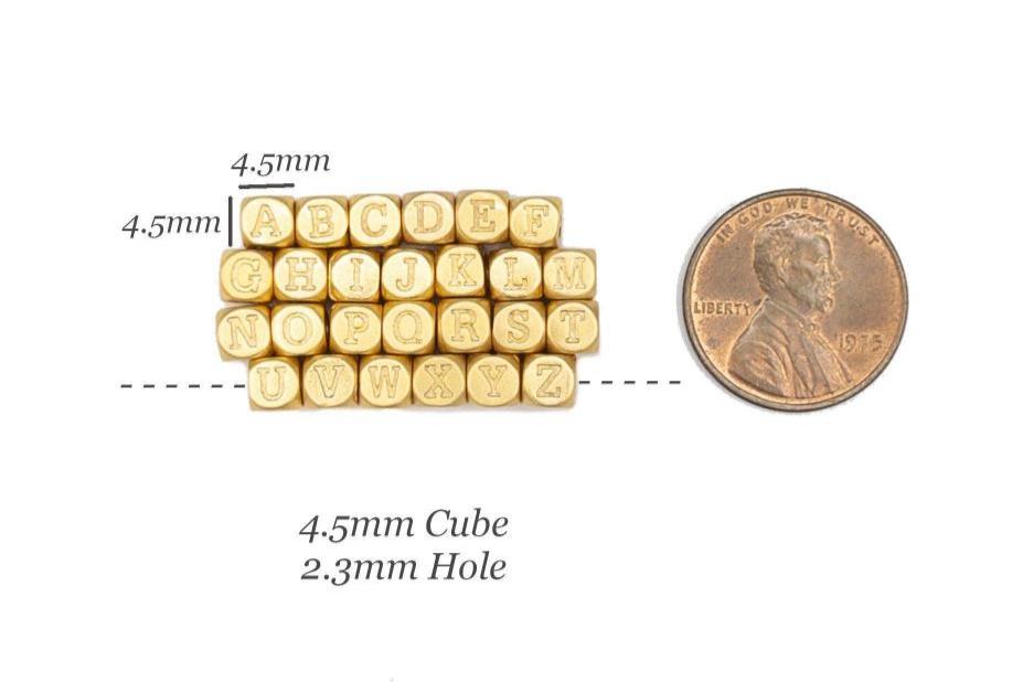 Alphabet Beads, 4.5mm Gold Letter Cube Beads, Tiny Initial Beads for Jewelry Making, Small Letter Charms, Matte Gold Plated (P010-G) - UniqueBeadsNY