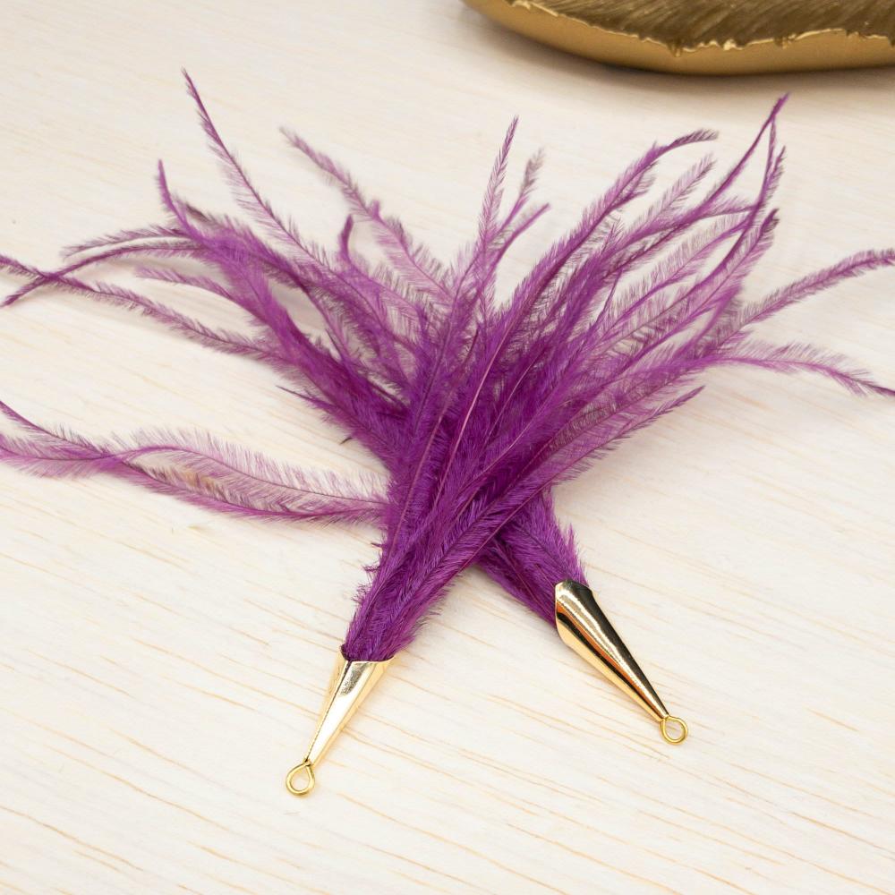 Ostrich Feather Jewelry Tassel Pendants in PURPLE with Gold Cone Cap for Jewelry Making and Crafts, 2 PCs (FOC001-PP) - UniqueBeadsNY
