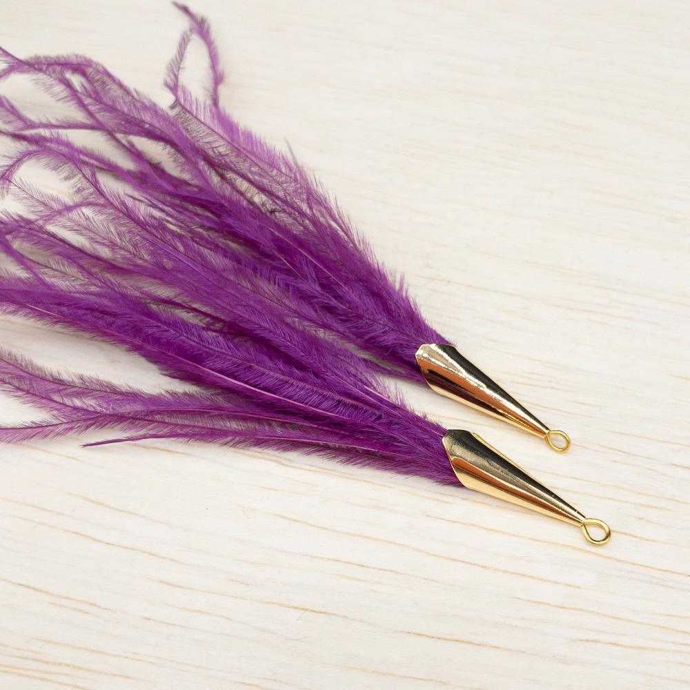 Ostrich Feather Jewelry Tassel Pendants in PURPLE with Gold Cone Cap for Jewelry Making and Crafts, 2 PCs (FOC001-PP) - UniqueBeadsNY