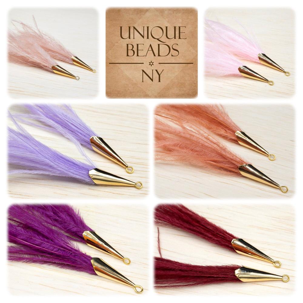 Ostrich Feather Jewelry Tassel Pendants in PURPLE with Gold Cone Cap for Jewelry Making and Crafts, 2 PCs (FOC001-PP) - UniqueBeadsNY