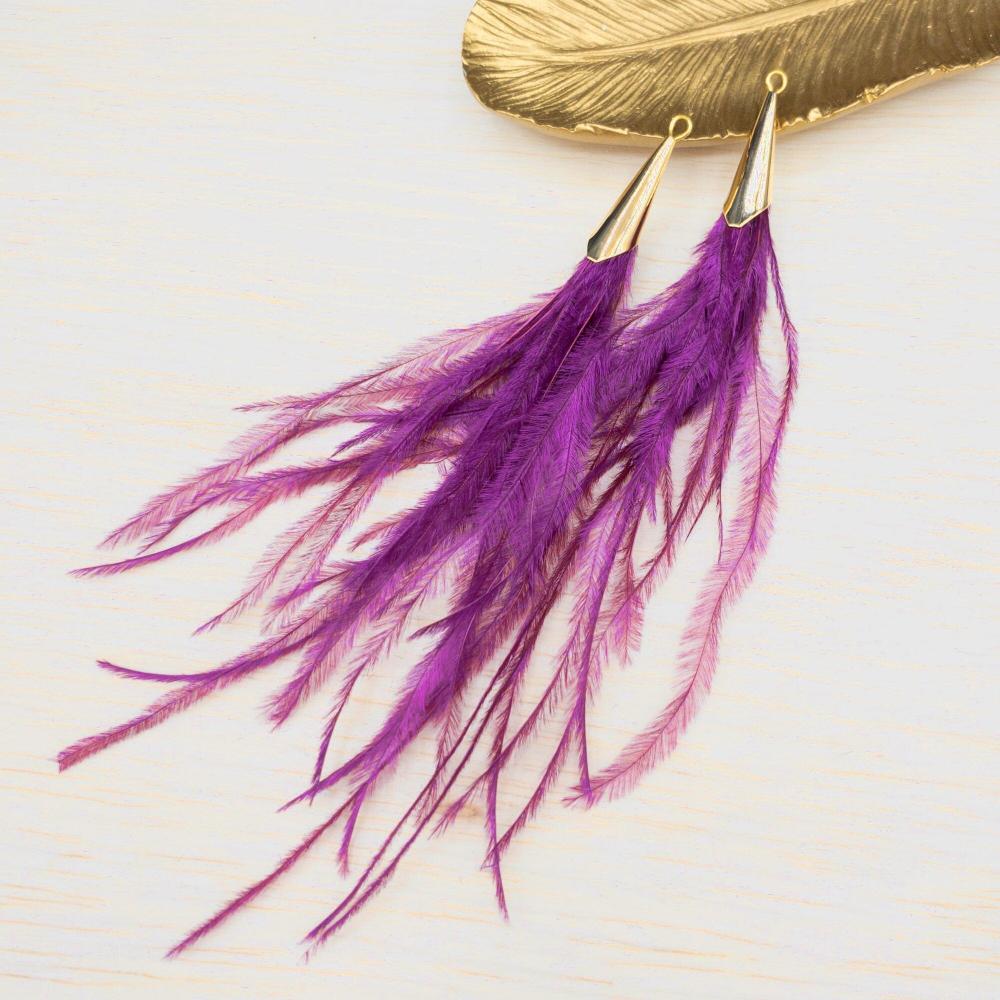 Ostrich Feather Jewelry Tassel Pendants in PURPLE with Gold Cone Cap for Jewelry Making and Crafts, 2 PCs (FOC001-PP) - UniqueBeadsNY
