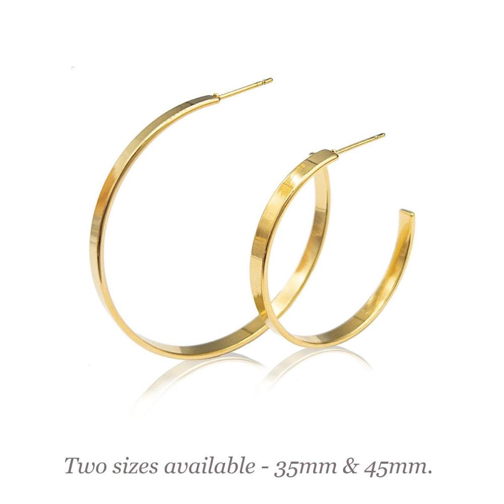 Gold Hoop Earrings in 18K Gold PVD Plating, Flat Hoop Earrings, Hand Polished Surgical Stainless Steel in Shiny Gold Finish (STER-0026G) - UniqueBeadsNY