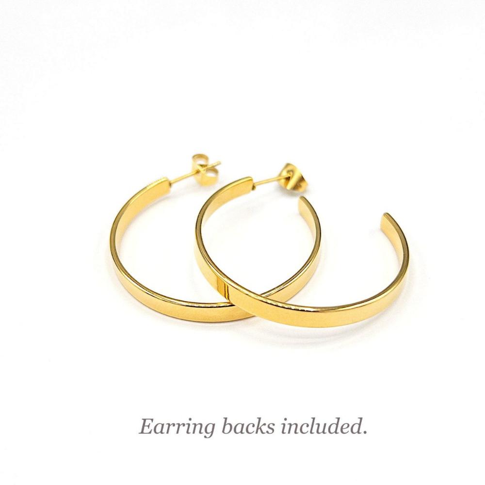 Gold Hoop Earrings in 18K Gold PVD Plating, Flat Hoop Earrings, Hand Polished Surgical Stainless Steel in Shiny Gold Finish (STER-0026G) - UniqueBeadsNY