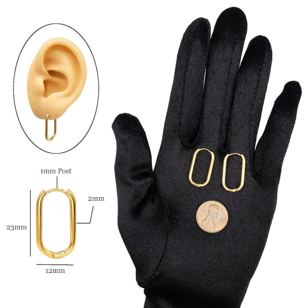 Huggie Hoop One-Touch Surgical Stainless Steel Earrings, PVD Plating Gold Hoop Earrings, Rectangle/ Oval Shape Hoop Earrings (STER-0023G) - UniqueBeadsNY