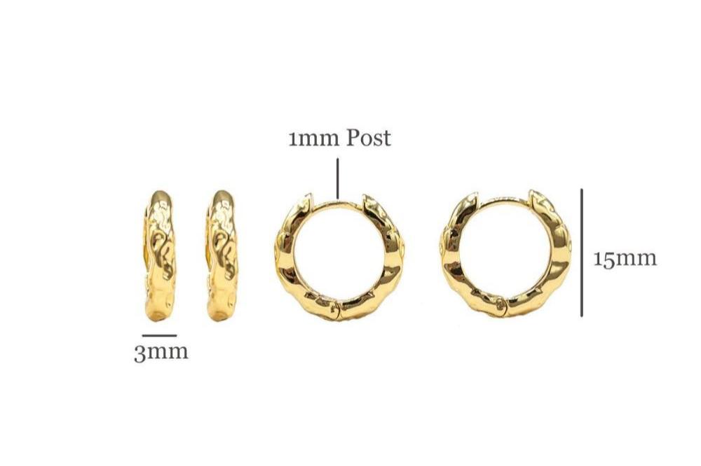 Rough Textured Huggie Hoop Earrings in 18K Gold Plating, Comfortable Earring, Clicker Hoops Nickle Lead Free & Hypoallergenic (BRER0030) - UniqueBeadsNY