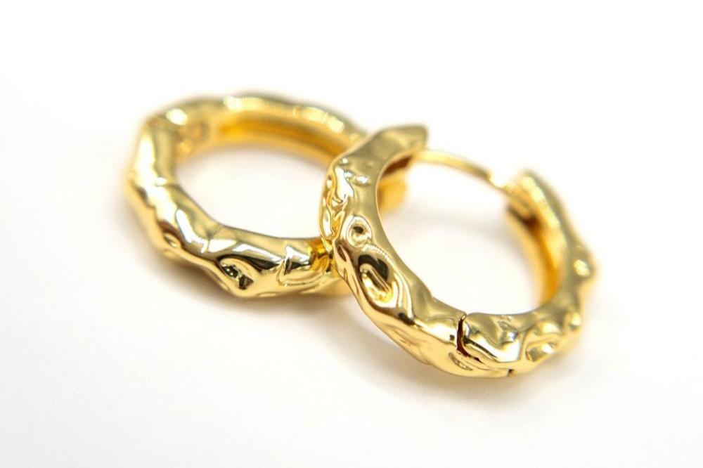 Rough Textured Huggie Hoop Earrings in 18K Gold Plating, Comfortable Earring, Clicker Hoops Nickle Lead Free & Hypoallergenic (BRER0030) - UniqueBeadsNY