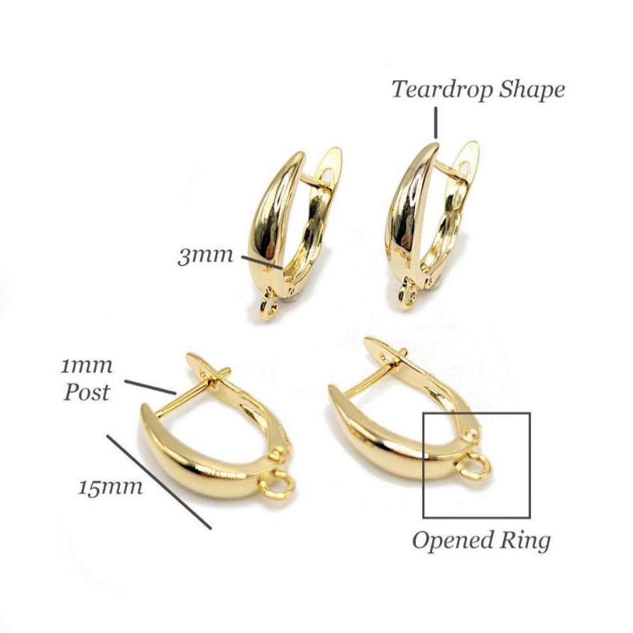 Teardrop Style Earring Finding in 18K Gold Plating, Brass Latch-Back One-Touch Earrings, Nickel Free, Retail & Wholesale (BENFER005G) - UniqueBeadsNY