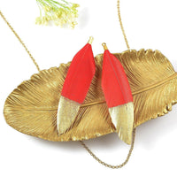 Feather Jewelry Pendants in Red with Gold Dipped Tip and Metal Connector Cap for Jewelry and Crafting, 2 PCs, CLEARANCE (FD001-RD)