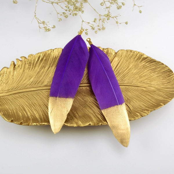 Feather Jewelry Pendants in Purple with Gold Dipped Tip and Metal Connector Cap for Jewelry and Crafting, 2 PCs, CLEARANCE (FD001-PR)