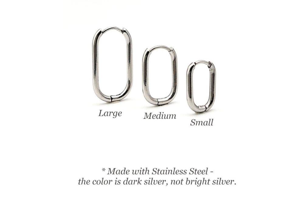 Huggie Hoop One-Touch Surgical Stainless Steel Earrings, 316L Silver Hoop Earrings, Rectangle/ Oval Shape Hoop Earrings (STER-0023S) - UniqueBeadsNY