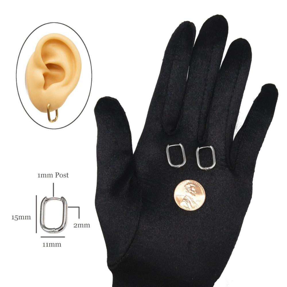 Huggie Hoop One-Touch Surgical Stainless Steel Earrings, 316L Silver Hoop Earrings, Rectangle/ Oval Shape Hoop Earrings (STER-0023S) - UniqueBeadsNY