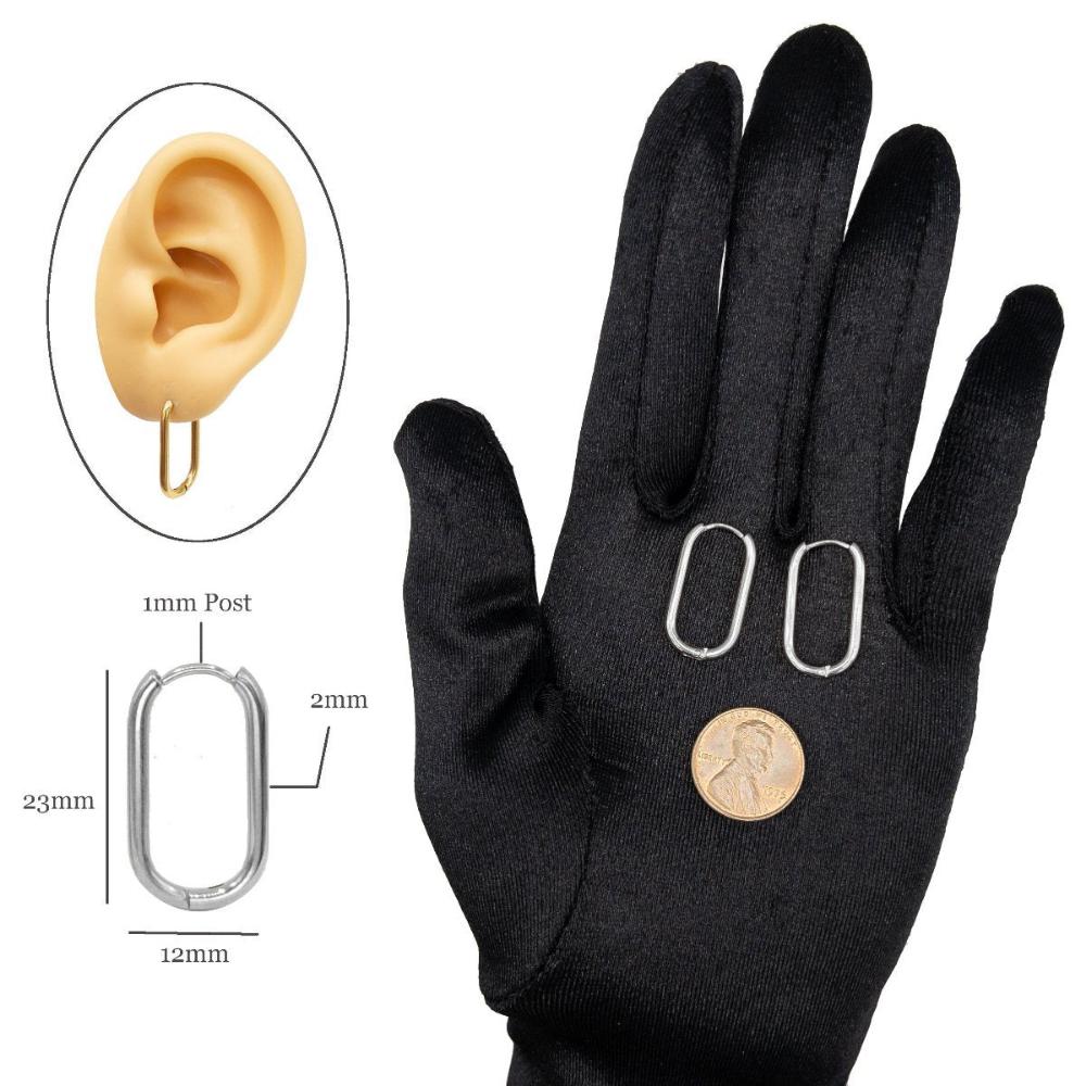 Huggie Hoop One-Touch Surgical Stainless Steel Earrings, 316L Silver Hoop Earrings, Rectangle/ Oval Shape Hoop Earrings (STER-0023S) - UniqueBeadsNY