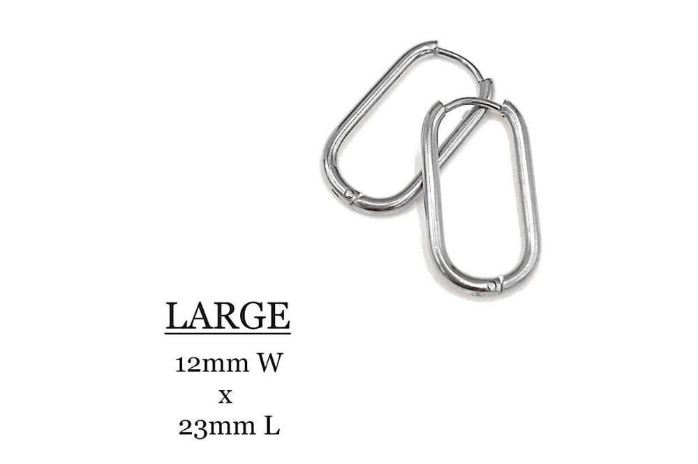 Huggie Hoop One-Touch Surgical Stainless Steel Earrings, 316L Silver Hoop Earrings, Rectangle/ Oval Shape Hoop Earrings (STER-0023S) - UniqueBeadsNY