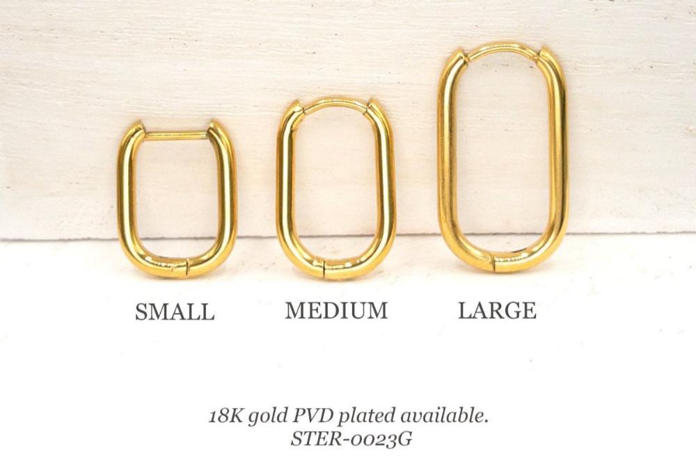 Huggie Hoop One-Touch Surgical Stainless Steel Earrings, 316L Silver Hoop Earrings, Rectangle/ Oval Shape Hoop Earrings (STER-0023S) - UniqueBeadsNY