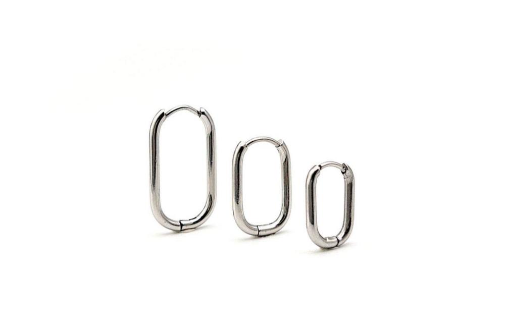 Huggie Hoop One-Touch Surgical Stainless Steel Earrings, 316L Silver Hoop Earrings, Rectangle/ Oval Shape Hoop Earrings (STER-0023S) - UniqueBeadsNY