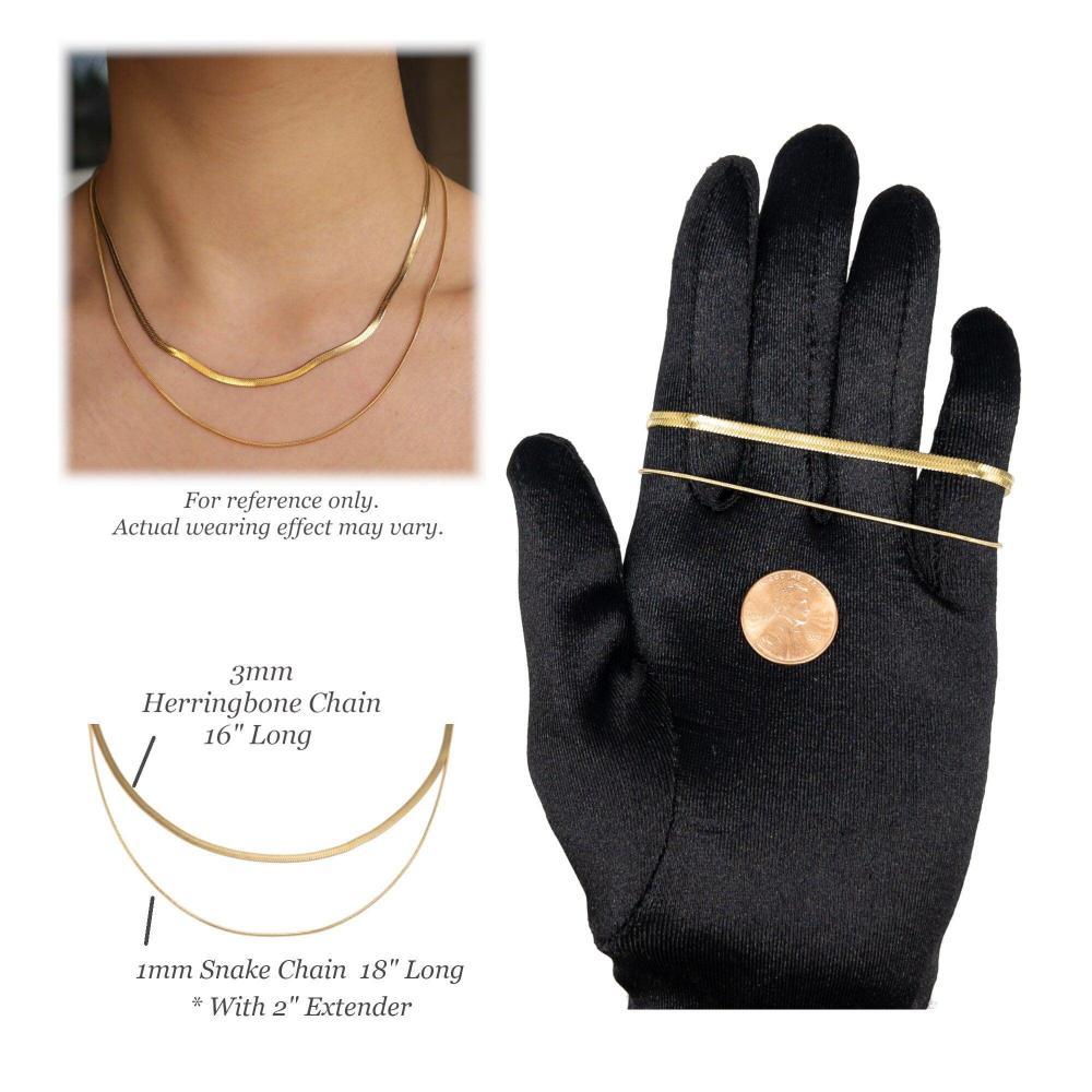 Double-Layered Chain Necklace, Multi Strand Necklace, Stainless Steel Herringbone Necklace in PVD 18K Gold Plating, Adjustable (CNST003) - UniqueBeadsNY