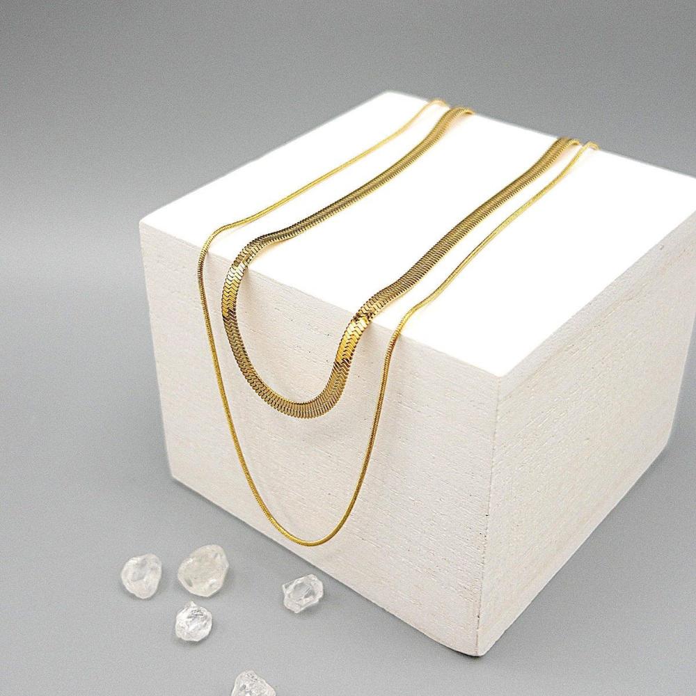 Double-Layered Chain Necklace, Multi Strand Necklace, Stainless Steel Herringbone Necklace in PVD 18K Gold Plating, Adjustable (CNST003) - UniqueBeadsNY