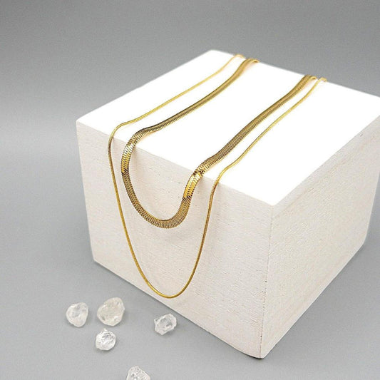 Double-Layered Chain Necklace, Multi Strand Necklace, Stainless Steel Herringbone Necklace in PVD 18K Gold Plating, Adjustable (CNST003) - UniqueBeadsNY
