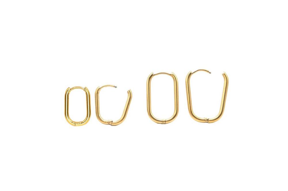 Huggie Hoop One-Touch Surgical Stainless Steel Earrings, PVD Plating Gold Hoop Earrings, Rectangle/ Oval Shape Hoop Earrings (STER-0023G) - UniqueBeadsNY