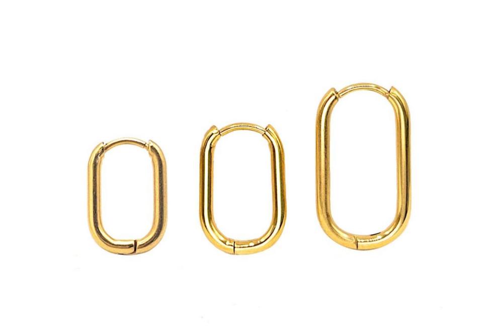Huggie Hoop One-Touch Surgical Stainless Steel Earrings, PVD Plating Gold Hoop Earrings, Rectangle/ Oval Shape Hoop Earrings (STER-0023G) - UniqueBeadsNY