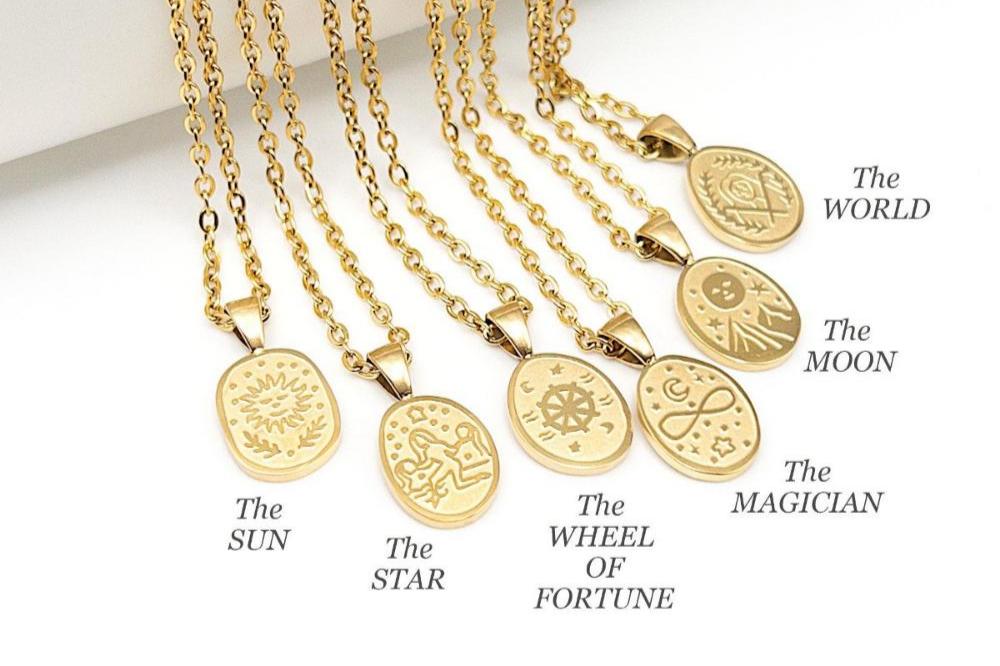 Tarot Card Necklace, Gold Tarot Jewelry, Meaningful Pendant, 304 Stainless Steel in Gold PVD Plating, Adjustable with 2" Extender (CNST007G) - UniqueBeadsNY