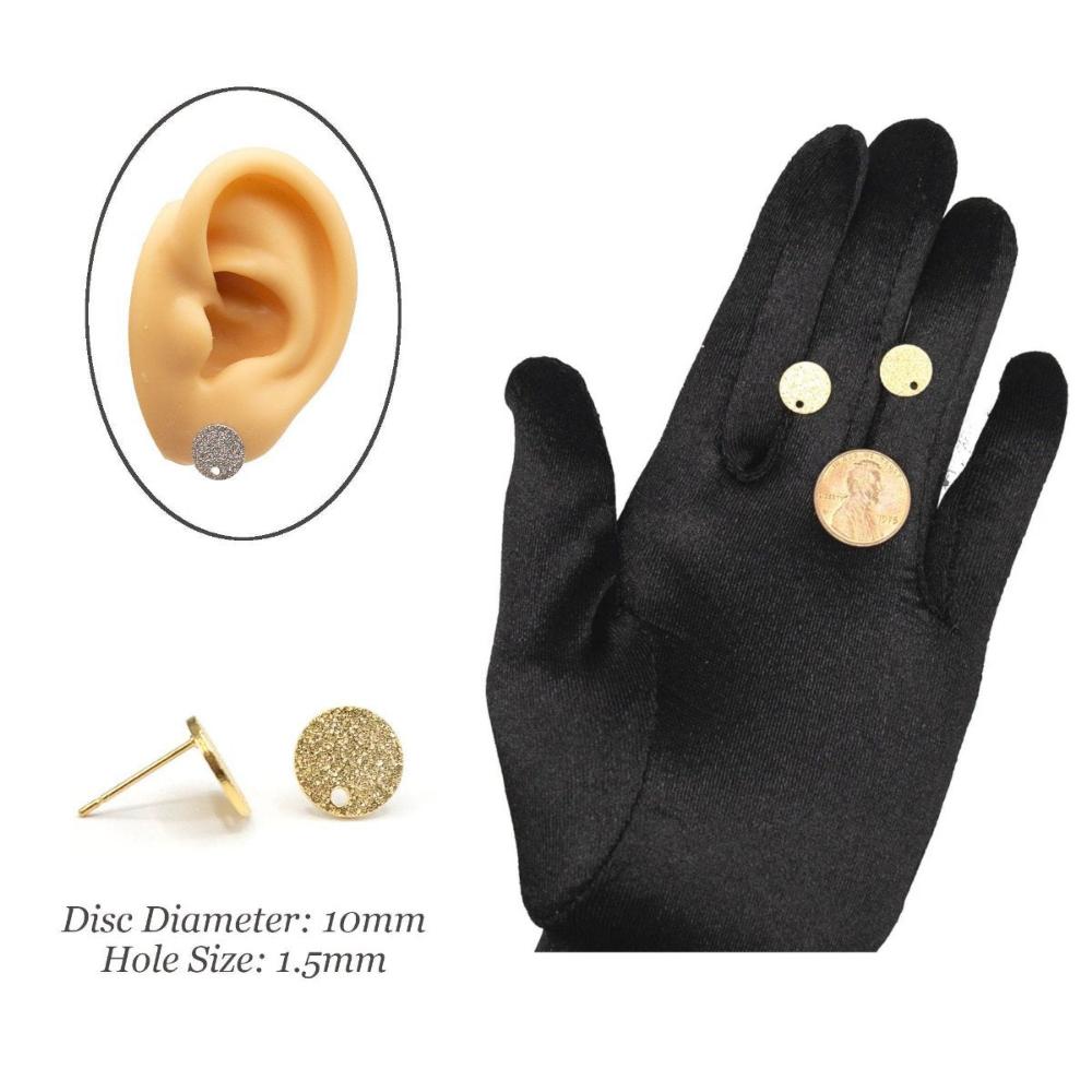Round Earring Posts in Stardust Textured finish, 18K Gold Plated, Lead & Nickel Free, Stud Earring Findings, Retail/ Wholesale (BRER0014) - UniqueBeadsNY