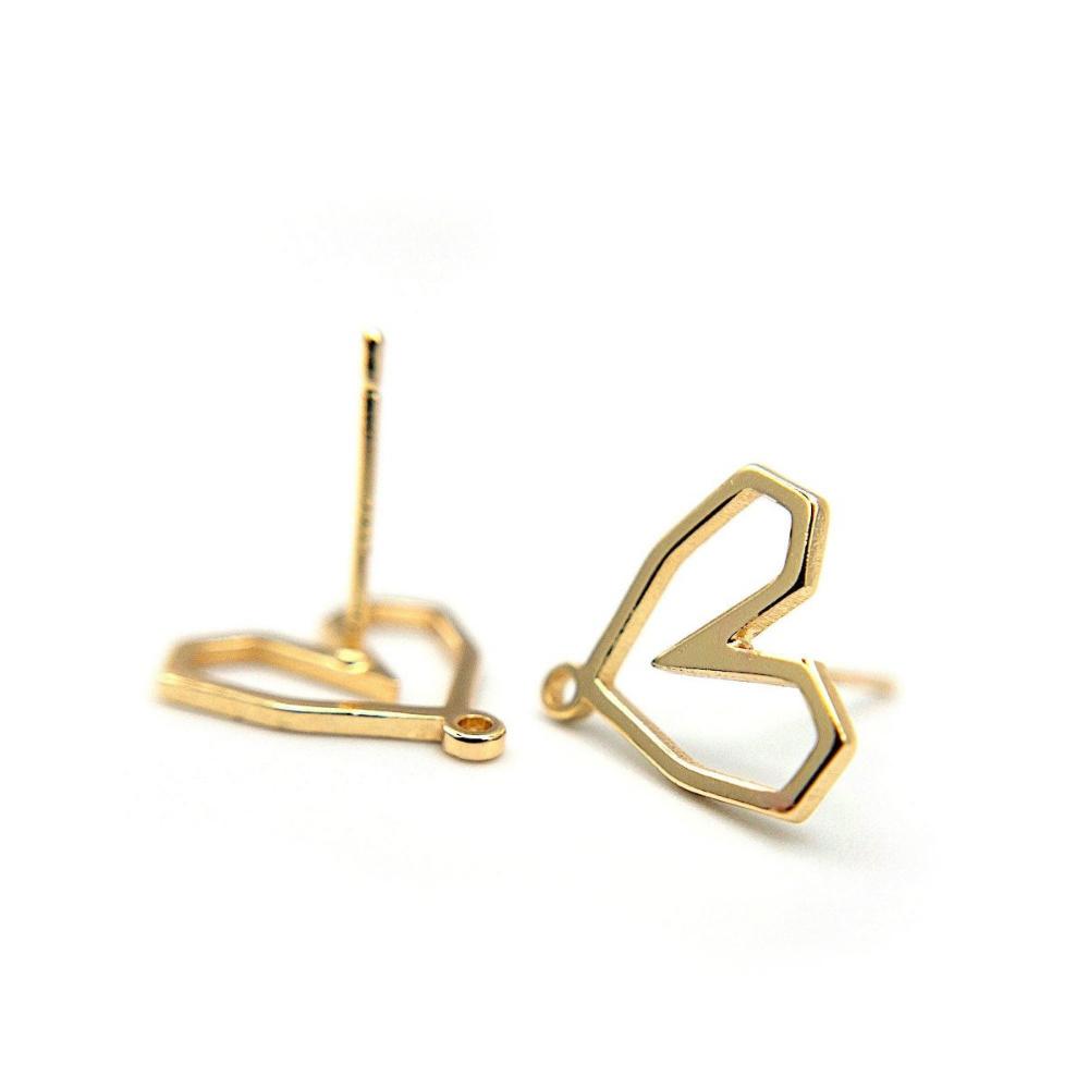 Geometric Hollow Heart Stud Earring with Loop, Small Heart Earring Findings, Lead & Nickel Free with 14K Gold Plating, Wholesale Welcome - UniqueBeadsNY