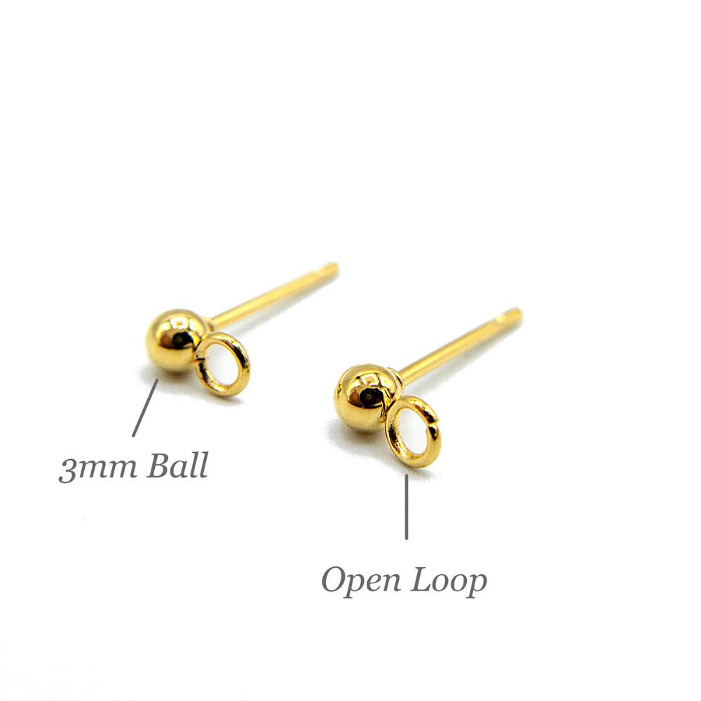 Ball Stud Earring Findings with Loop for Jewelry Making, 3mm Ball, 18K Gold Plated, Stainless Steel Earring Findings, With Ear Nuts, Retail Wholesale (STER-0013AG)