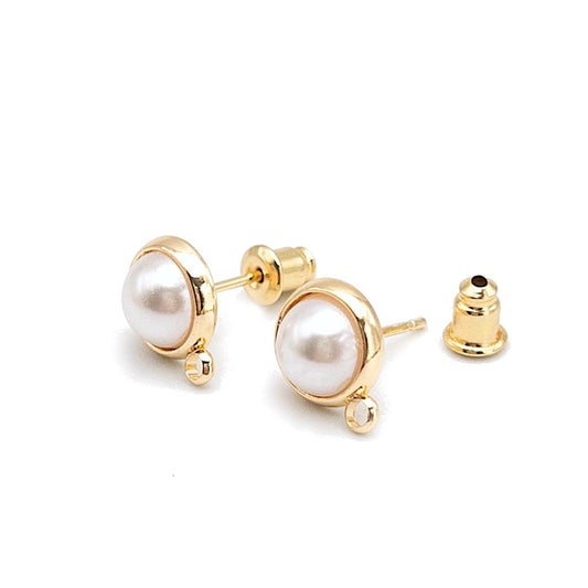 10 Pieces Imitation Pearl Round Earring Post in Gold Plating with 925 Silver Posts, With Ear Nuts, Wholesale Earring Findings (BRSSER0017G)