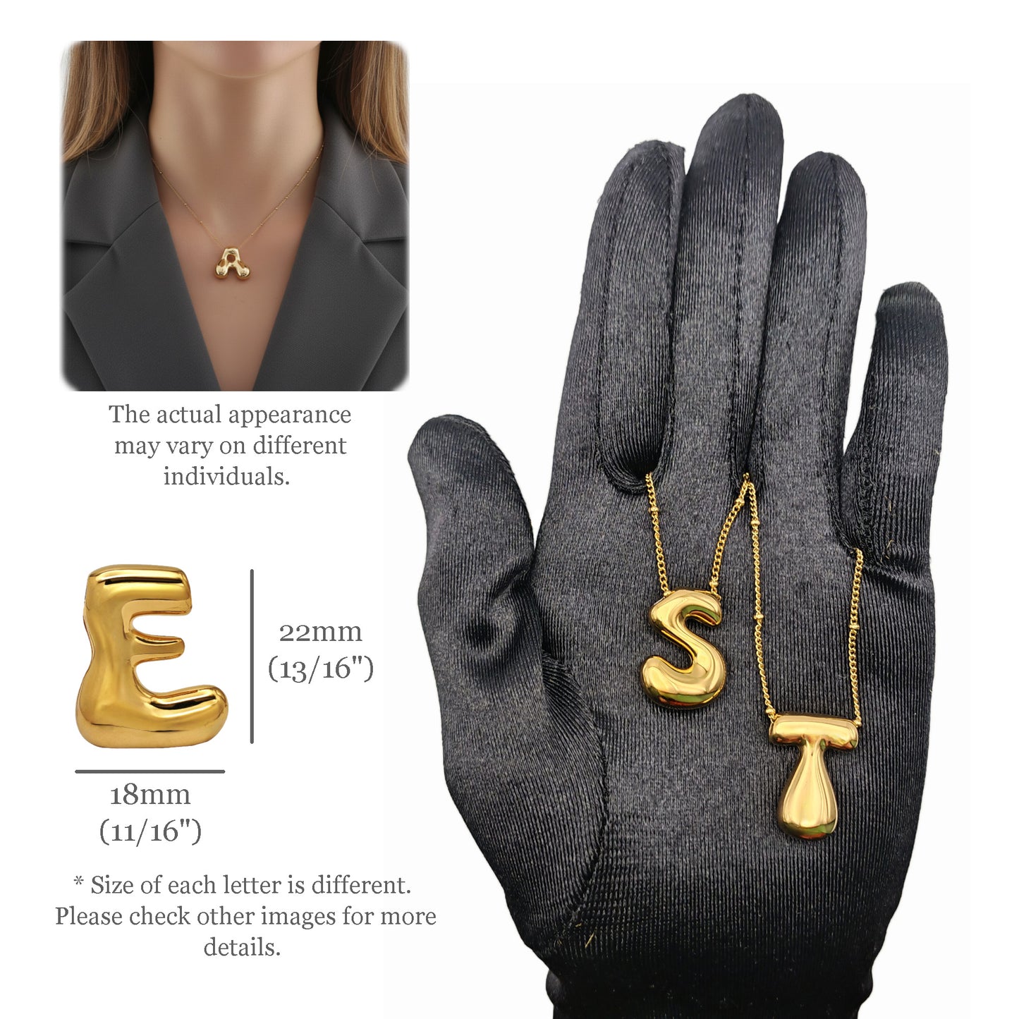 Bubble Initial A-Z Letter Charm Necklace in Hypoallergenic Stainless Steel, Balloon Initial Necklace Adjustable 16-18" Chain in 18K Gold PVD Plating