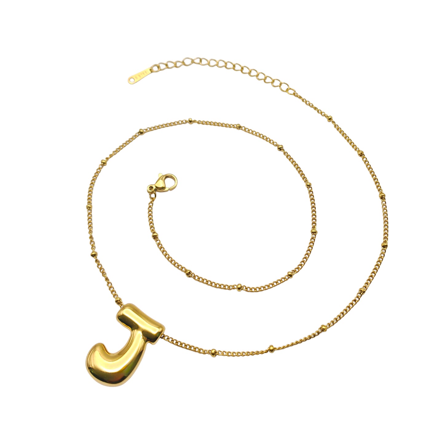 Bubble Initial A-Z Letter Charm Necklace in Hypoallergenic Stainless Steel, Balloon Initial Necklace Adjustable 16-18" Chain in 18K Gold PVD Plating