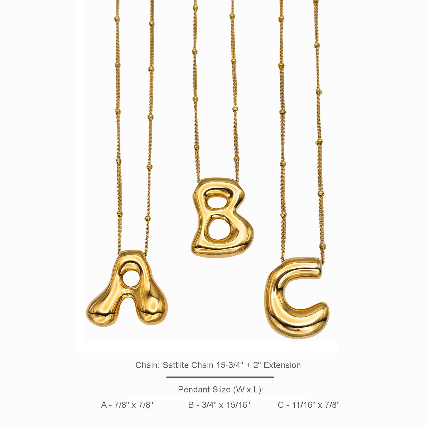 Bubble Initial A-Z Letter Charm Necklace in Hypoallergenic Stainless Steel, Balloon Initial Necklace Adjustable 16-18" Chain in 18K Gold PVD Plating