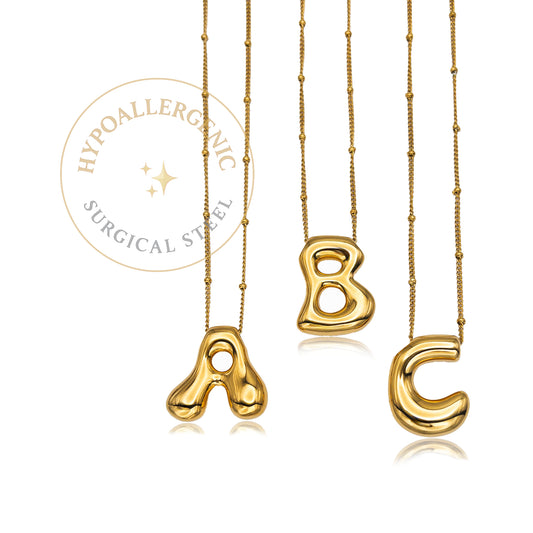 Bubble Initial A-Z Letter Charm Necklace in Hypoallergenic Stainless Steel, Balloon Initial Necklace Adjustable 16-18" Chain in 18K Gold PVD Plating