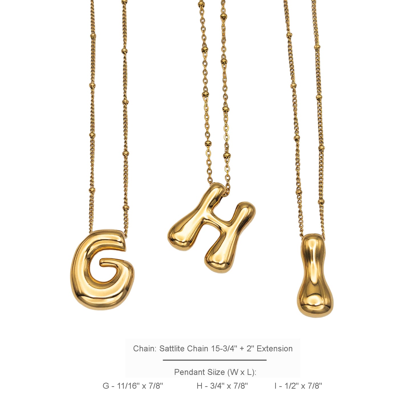 Bubble Initial A-Z Letter Charm Necklace in Hypoallergenic Stainless Steel, Balloon Initial Necklace Adjustable 16-18" Chain in 18K Gold PVD Plating