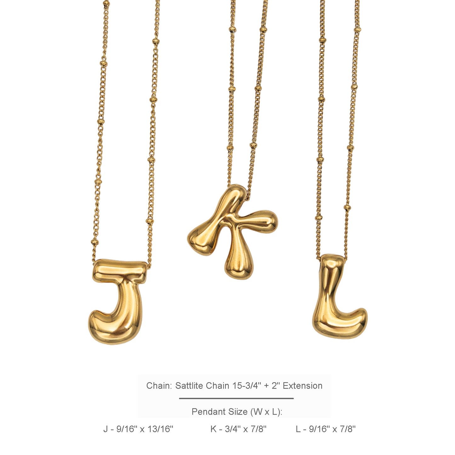 Bubble Initial A-Z Letter Charm Necklace in Hypoallergenic Stainless Steel, Balloon Initial Necklace Adjustable 16-18" Chain in 18K Gold PVD Plating