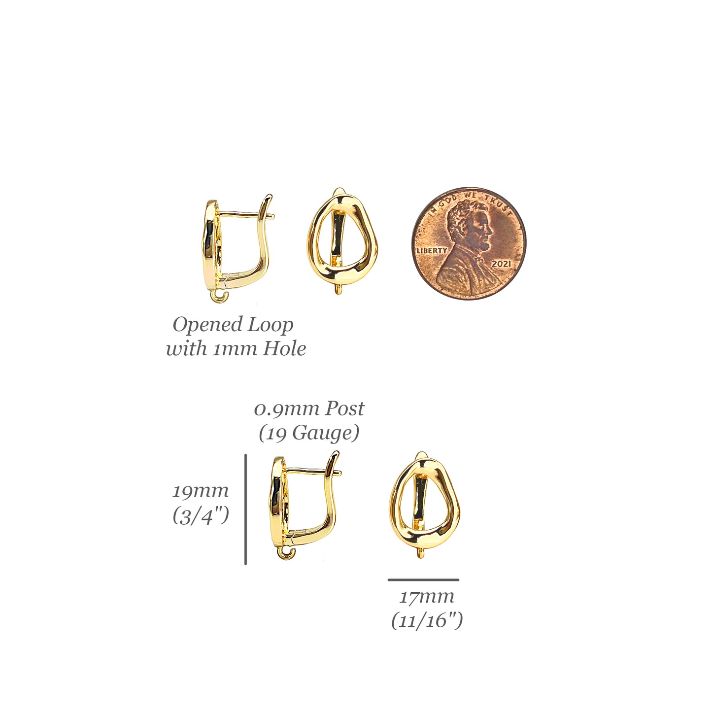 Latch Back Earrings Abstract Molten Circle 18K Gold Plating Earrings with Loop, Gold Earring Supplies, Wholesale Jewelry Findings, 10 Pieces