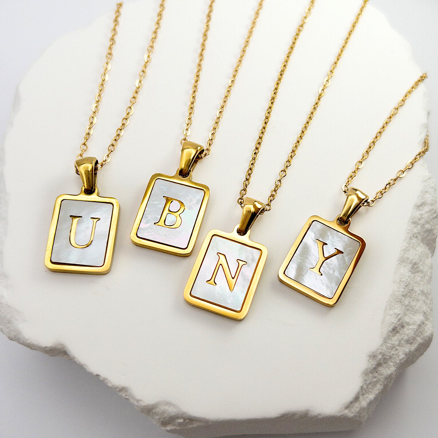 Mother of Pearl Initial Necklace (A–Z), Non-allergy Stainless Steel in Long Lasting & Waterproof 18K Gold 16-inch Cable Chain with Extender