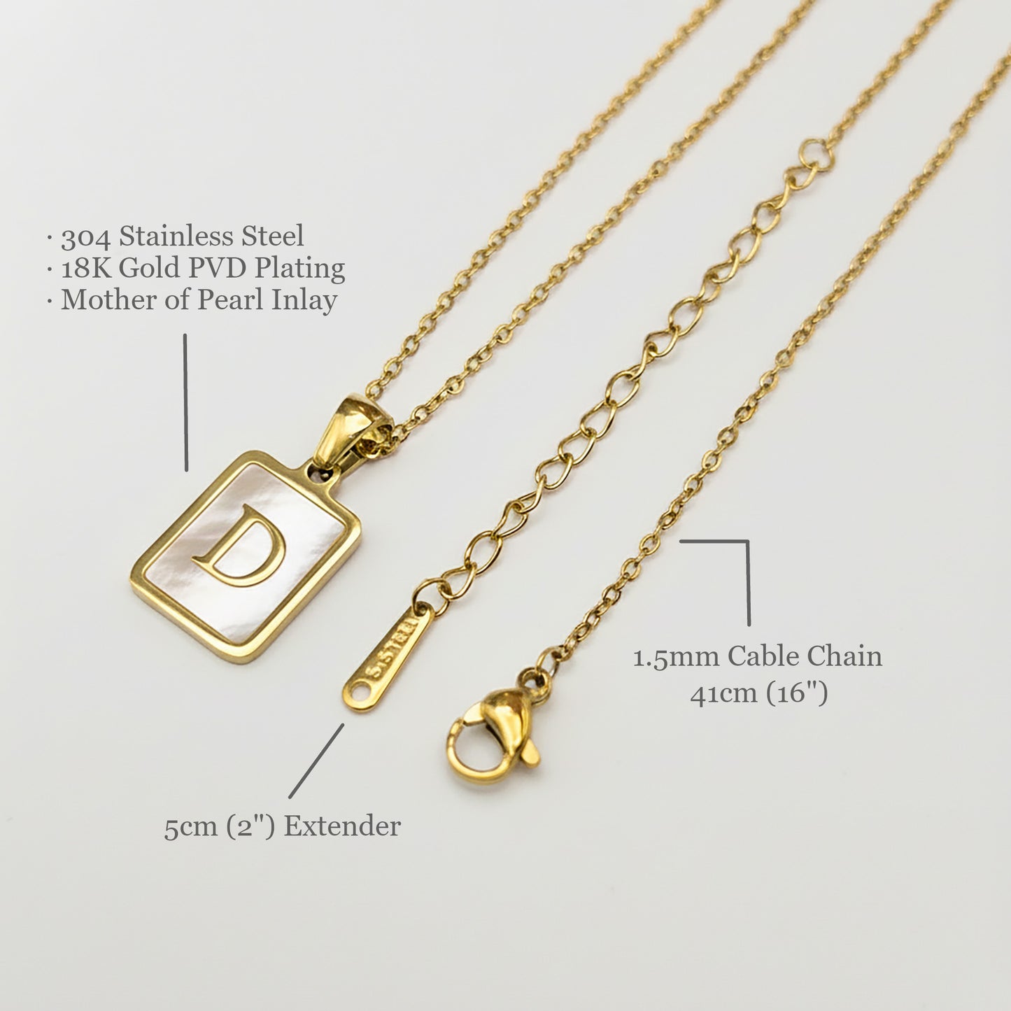 Mother of Pearl Initial Necklace (A–Z), Non-allergy Stainless Steel in Long Lasting & Waterproof 18K Gold 16-inch Cable Chain with Extender