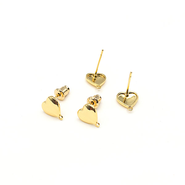 Heart Stud Earring Findings with Loop for Jewelry Making, Lead and Nickel Free with 18K Gold Plated, Wholesale Earring Findings, 10 Pieces