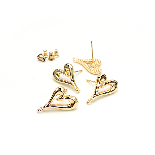 Heart Stud Earring Findings with Loop for Jewelry Making, Lead and Nickel Free with 14K Gold Plated, Wholesale Earring Findings, 10 Pieces