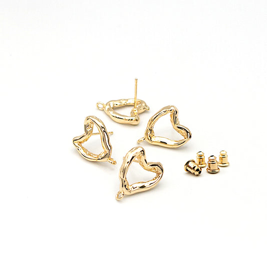 Molten Heart Earring Finding 10 Pieces, Made with 925 Silver Posts, Melted Heart Stud Earrings with Loop, Nickel Free, 14K Gold Plating, 10 Pieces per Order