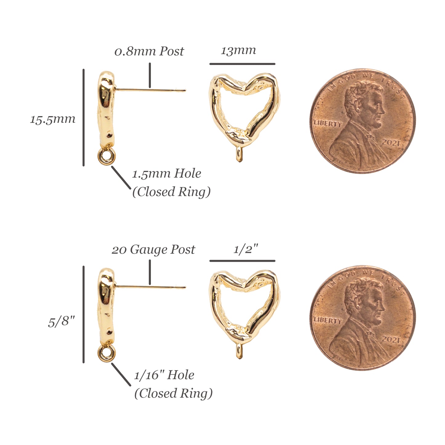 Molten Heart Earring Finding 10 Pieces, Made with 925 Silver Posts, Melted Heart Stud Earrings with Loop, Nickel Free, 14K Gold Plating, 10 Pieces per Order