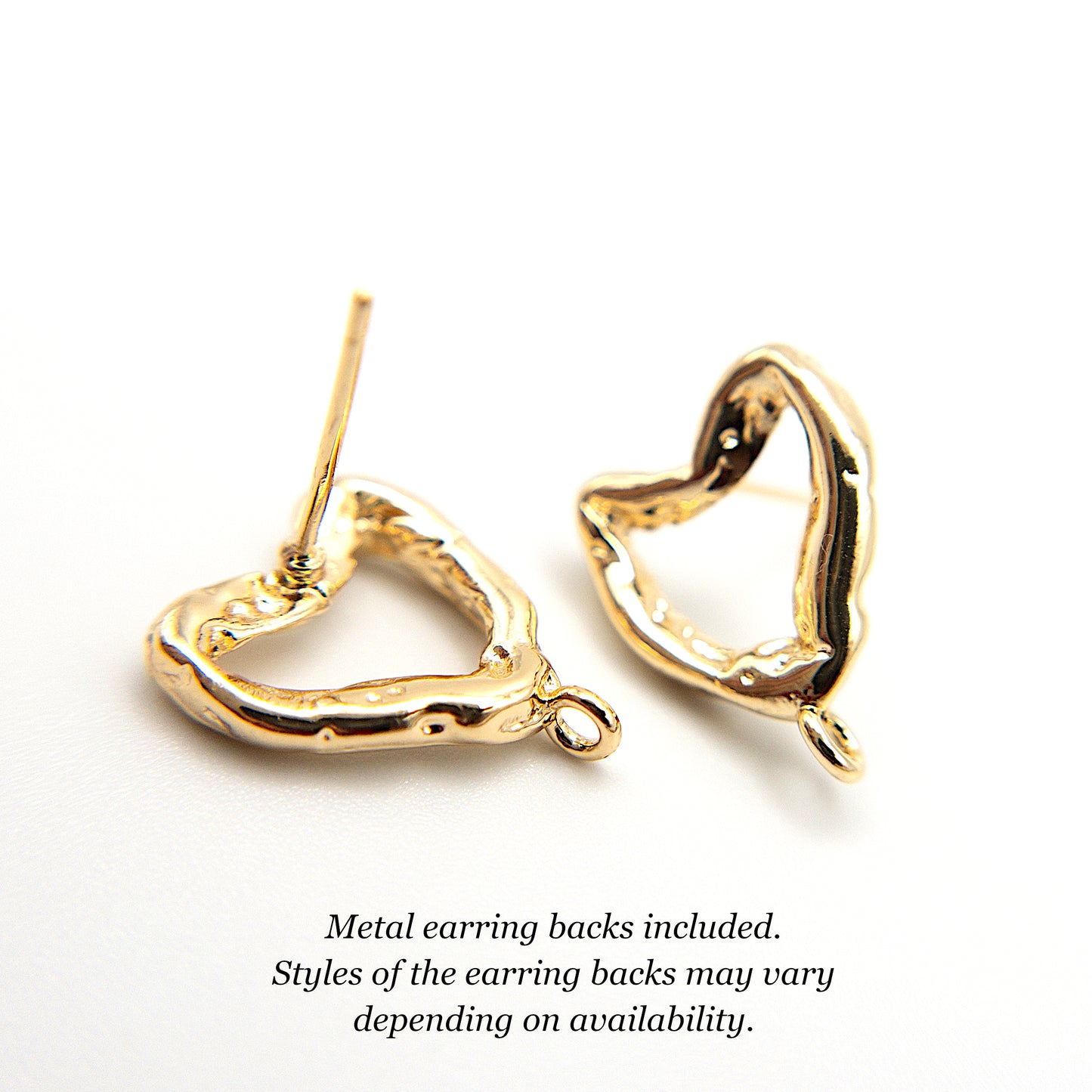 Molten Heart Earring Finding 10 Pieces, Made with 925 Silver Posts, Melted Heart Stud Earrings with Loop, Nickel Free, 14K Gold Plating, 10 Pieces per Order