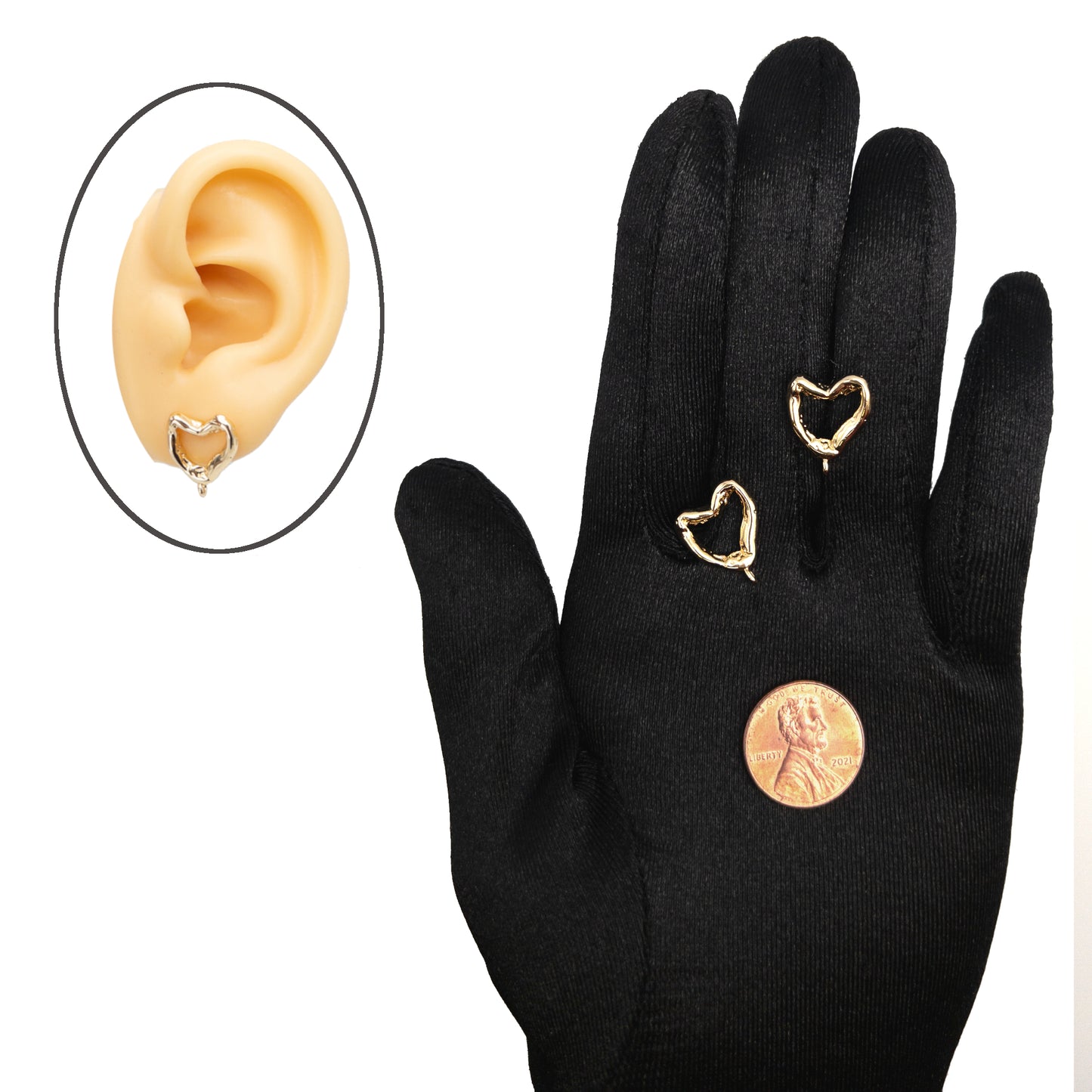 Molten Heart Earring Finding 10 Pieces, Made with 925 Silver Posts, Melted Heart Stud Earrings with Loop, Nickel Free, 14K Gold Plating, 10 Pieces per Order
