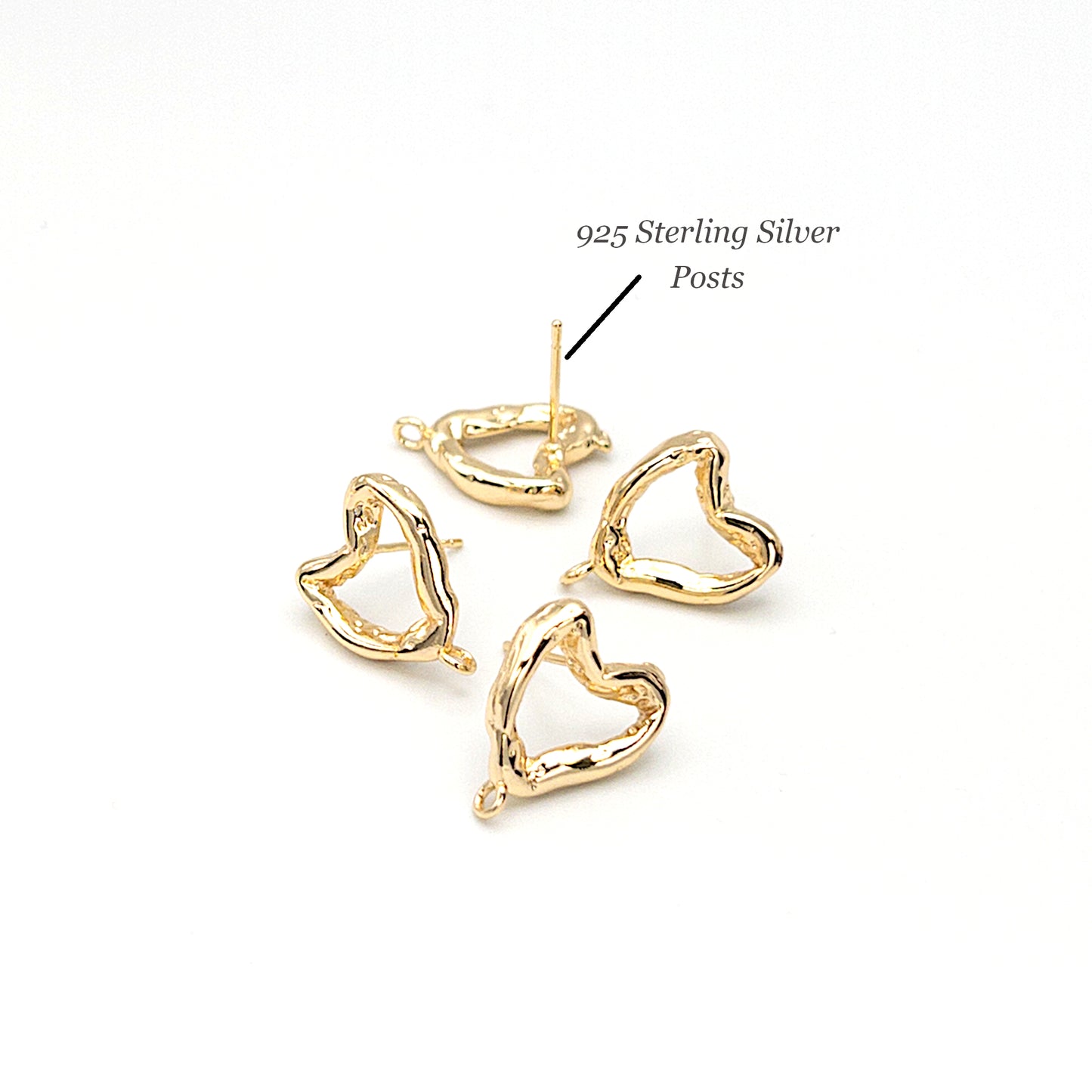 Molten Heart Earring Finding 10 Pieces, Made with 925 Silver Posts, Melted Heart Stud Earrings with Loop, Nickel Free, 14K Gold Plating, 10 Pieces per Order