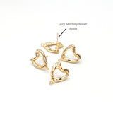 Molten Heart Earring Finding with 925 Silver Posts, Melted Heart Stud Earrings with Loop, Nickel Free, 14K Gold Plating, 10 Pieces per Order